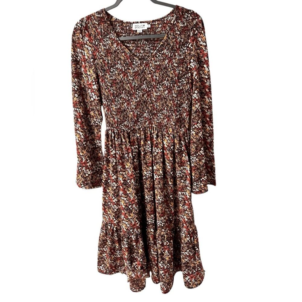 Molly Bracken Hillary Floral Print Smocked Midi Dress Flared Sleeve, size S